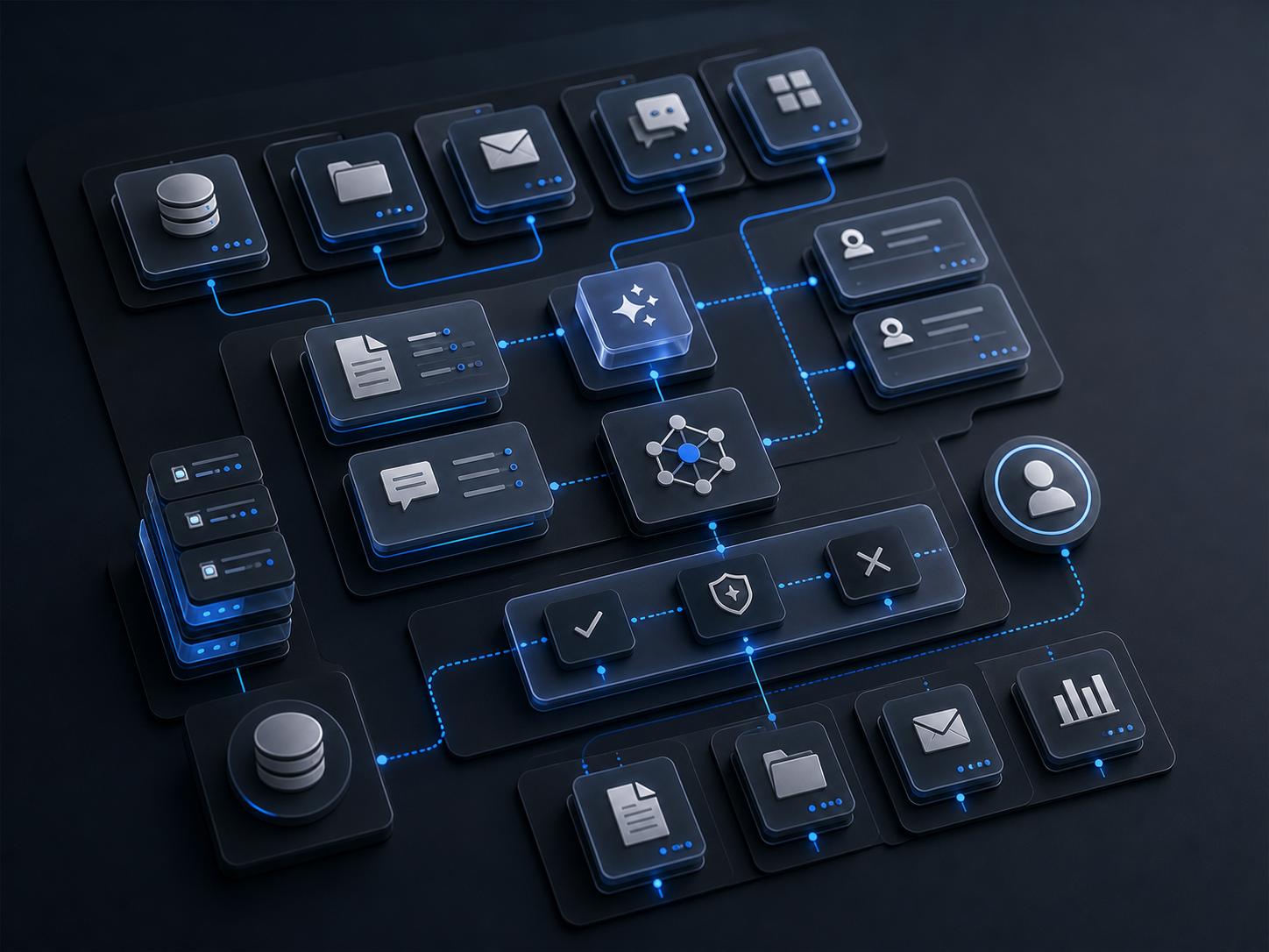 A practical agentic AI workflow map connecting business systems, documents, and approval steps.